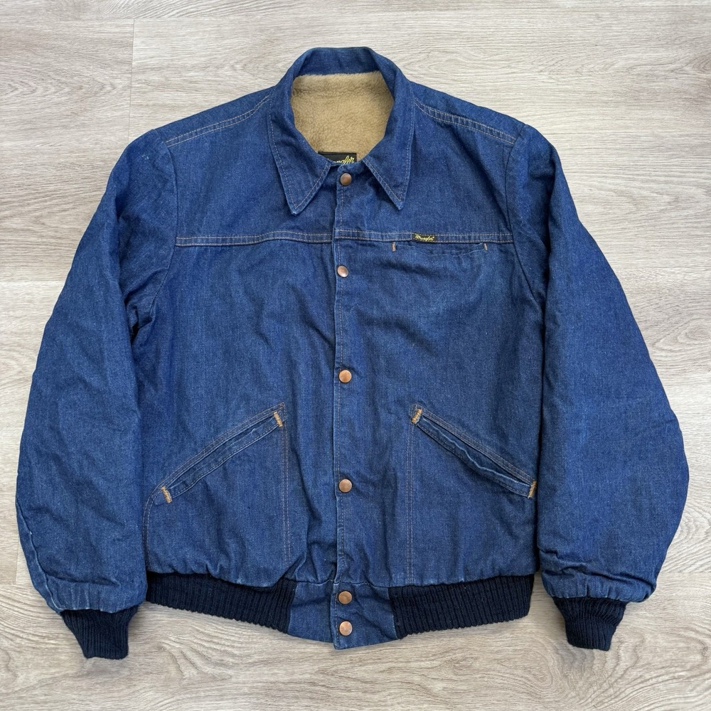 Vintage 70s Wrangler 229MJL USA Made Boa Sherpa Fleece Dark Denim Jacket Size 42